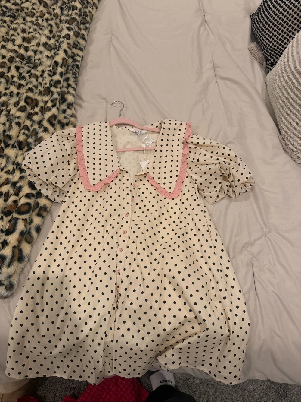 Polka Dot Button-Front Blouse Dress with Pink Trim Collar